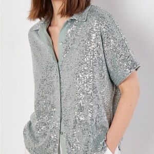 Apricot Sage Green and Silver Sequined Women’s Button Down Top NEW W TAGS - 12